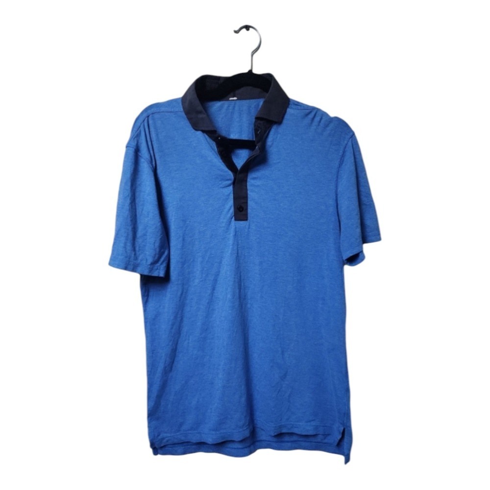 Lululemon Mens Short Sleeve Polo Shirt Blue Heathered Contrast Collar Logo